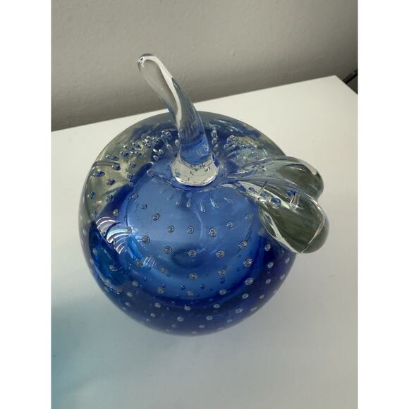 Vintage Murano Style Blue Glass Apple Paperweights Lot of 2 Heavy 6.5” - Picture 3 of 8
